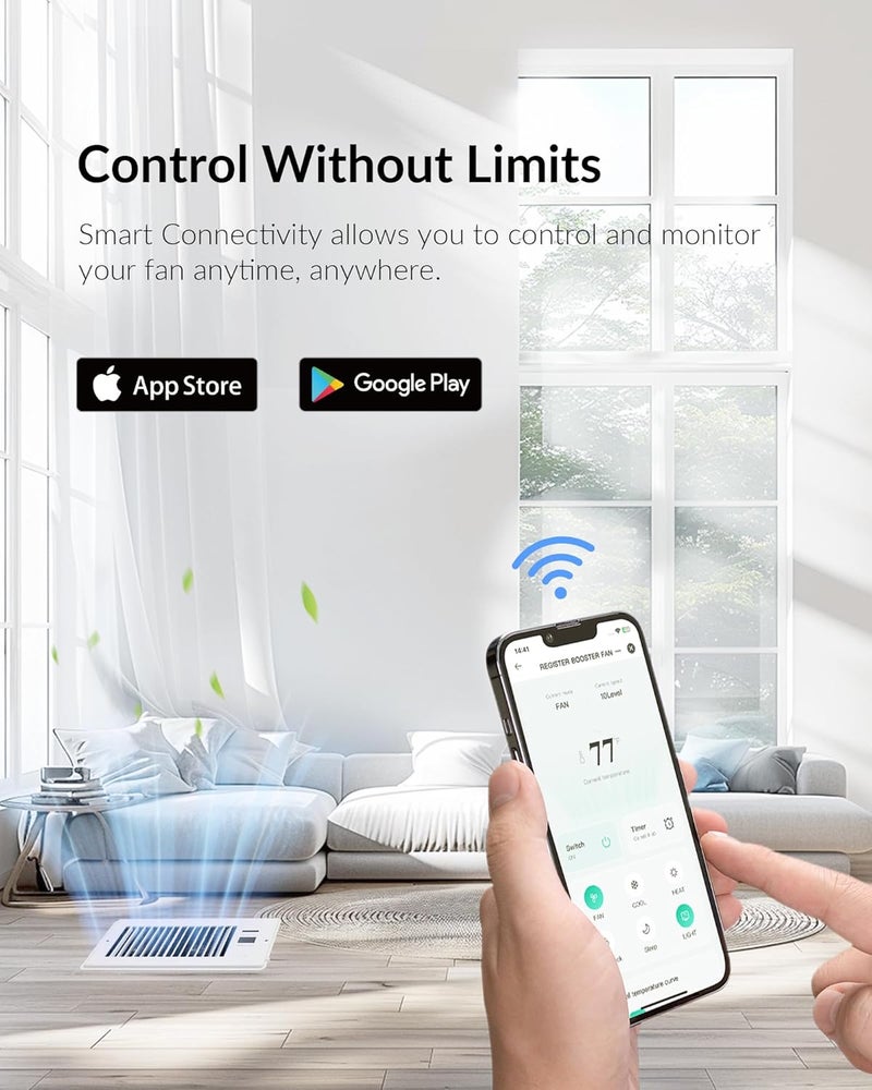 Howeall Super Quiet Register Booster Fan for 6" x 10" Register Holes, Smart Register Vent with Dual Intelligent Thermostat and WIFI App Control, Heating Cooling AC Vent Fan (White) - Image 3